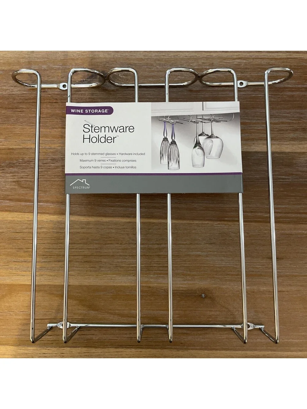 Spectrum 9 Glass Under Cabinet Triple Wine Storage Stemware Holder Chrome NEW